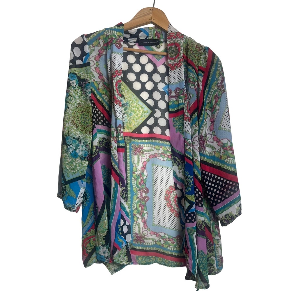 Travel Elements Scarf Print Kimono Cardigan Large Boho Patchwork Chiffon Wrap